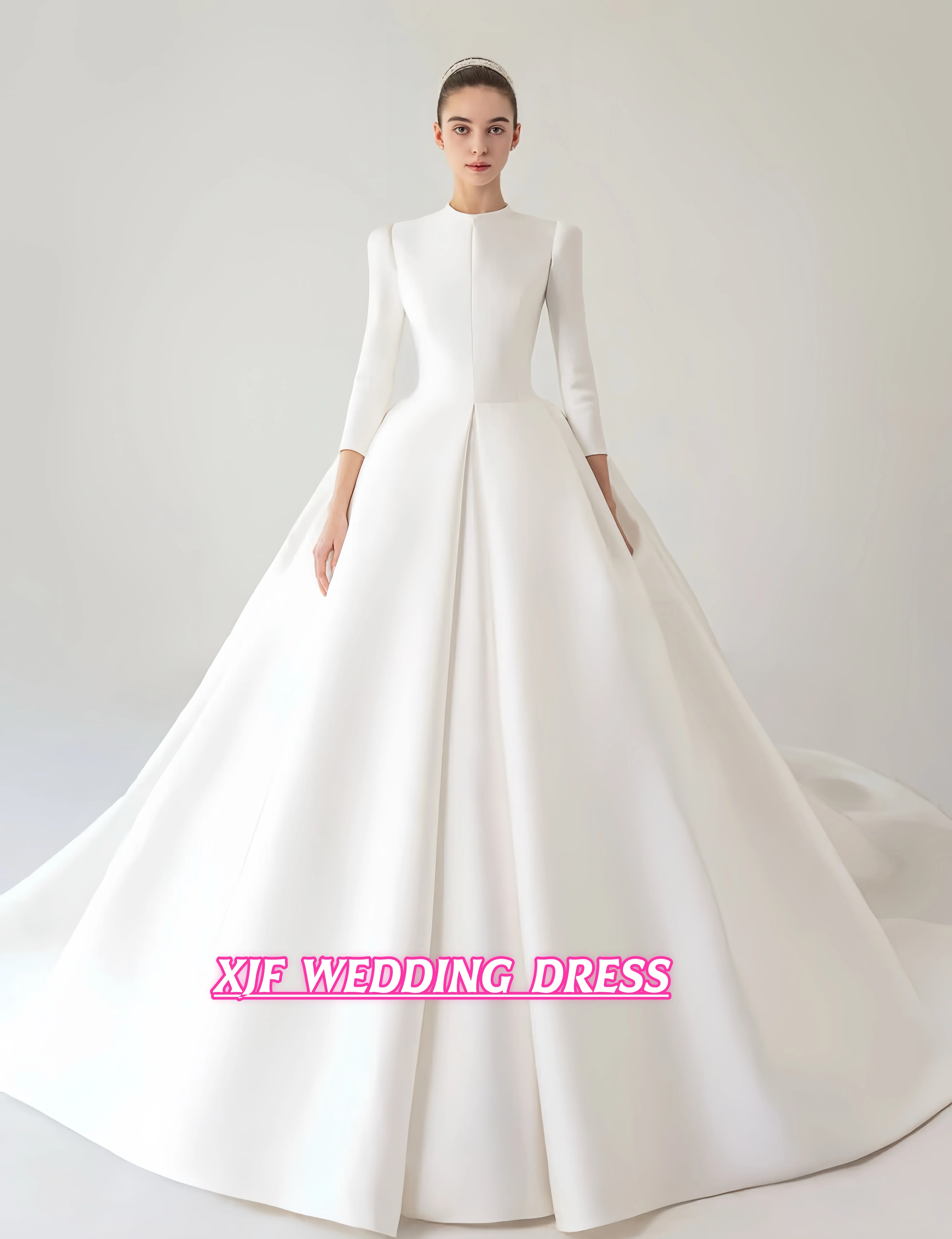 

Свадебное платье на заказ с круглым вырезом и длинными рукавами, бальное платье из сатина, свадебное платье, свадебные наряды.