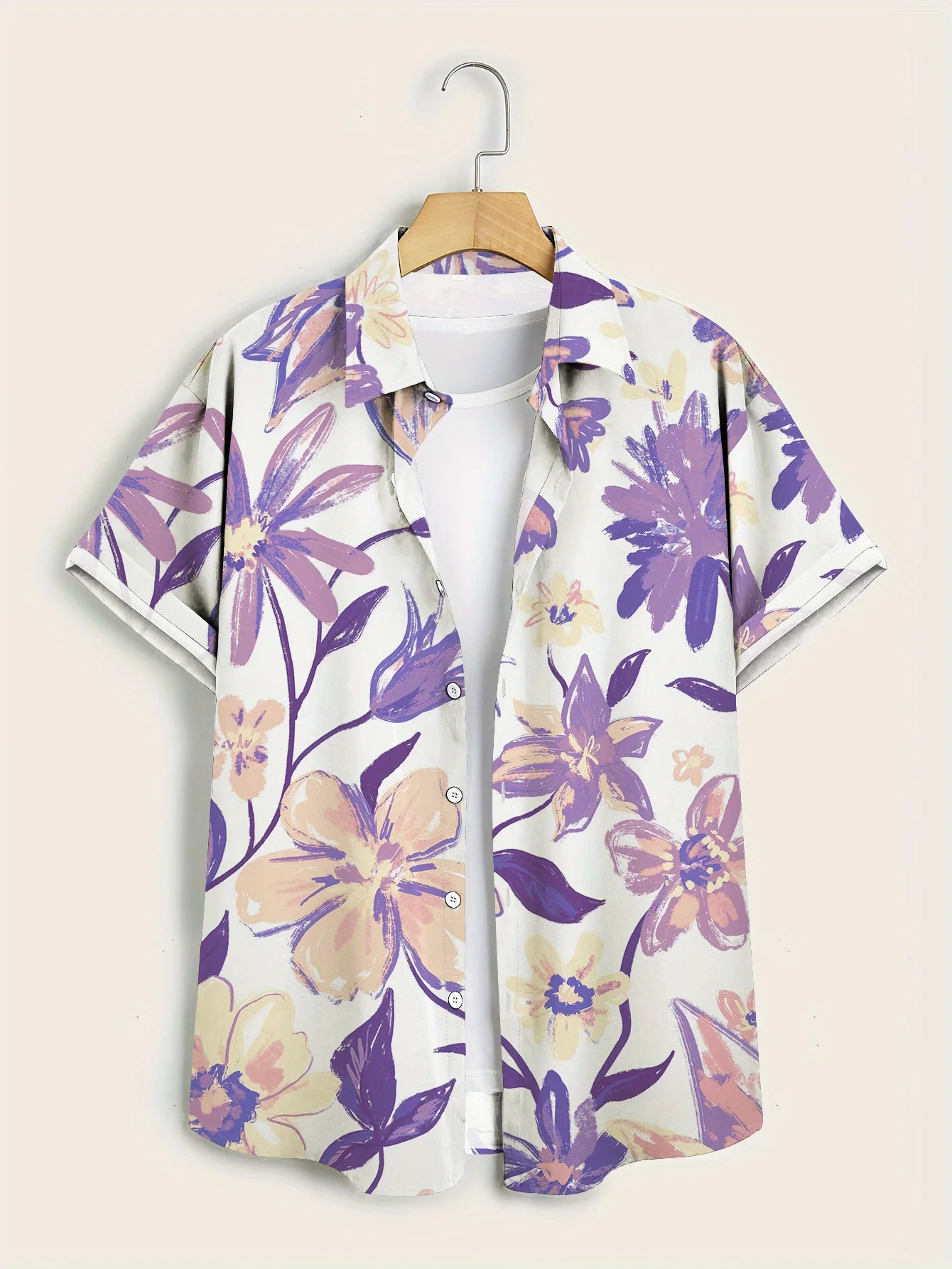 Men Short Sleeve Button Down Shirt Purple Beige Floral Print Polyester Lapel Collar Hawaiian Casual Beach