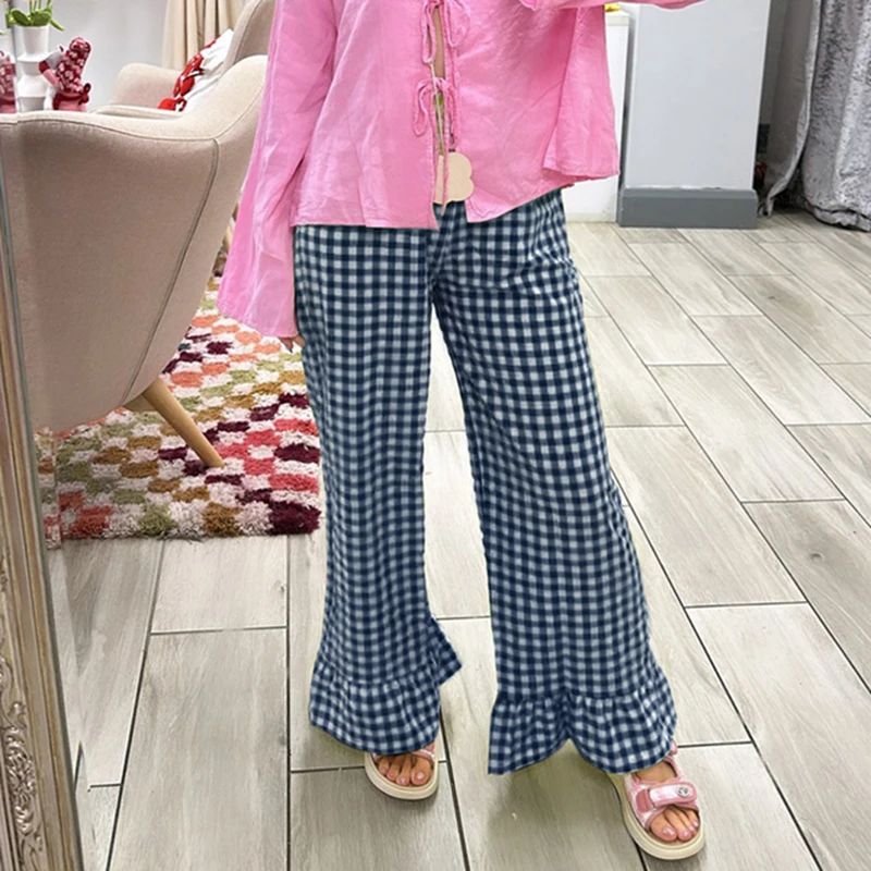 Vintage Ruffles Hem Loose Fit Trousers Preppy Cute Plaid Wide Leg Pants Fairycore Elastic Waistband Lounge Pants Y2K Clothes