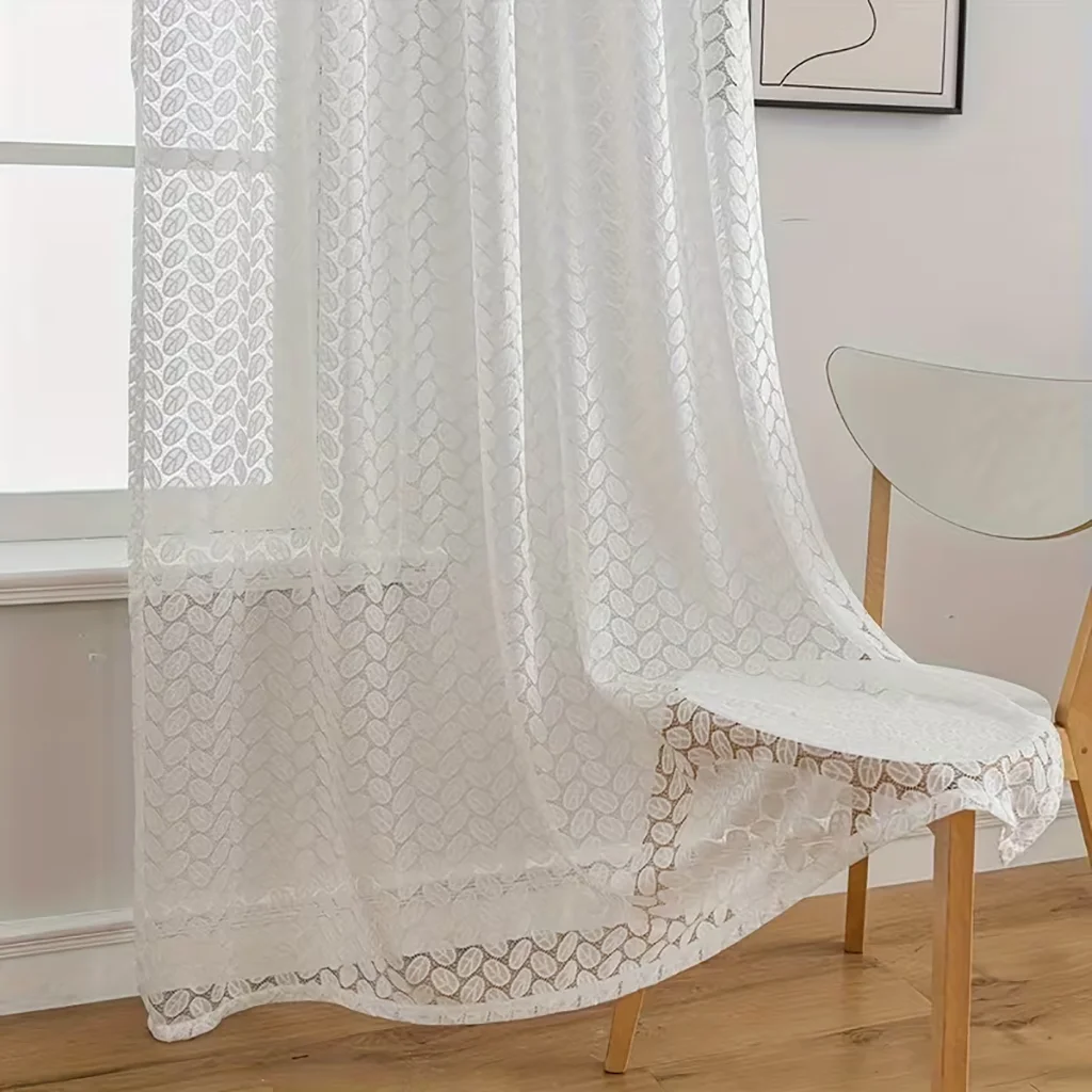 2PCS white leaf lace curtain, suitable for living room and bedroom, made of high-quality polyester fiber lace fabric, pole style - view 2