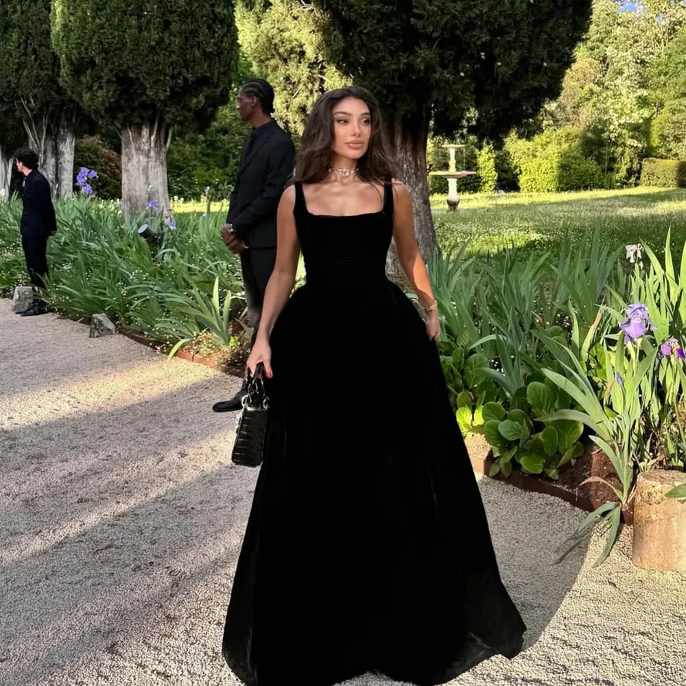 

Msikoods Customized Black Velour Evening Dresses 2026 Square Neck Long Formal Occasion Gown Prom Dress Red Carpet Party Dresses