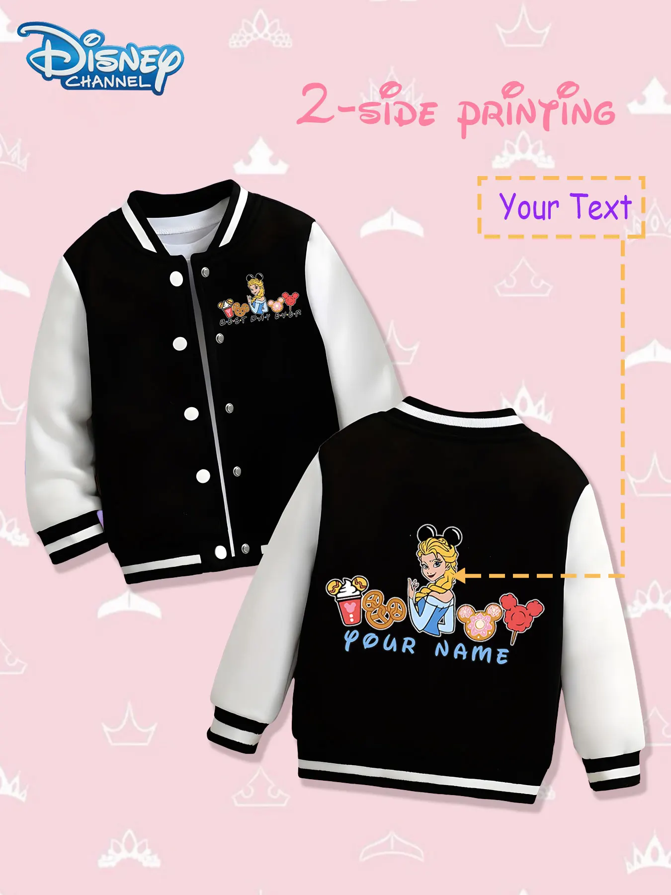 

MINISO Disney Princess Food Children's Baseball Jacket - Double-sided prints of princesses and Disney food, sweet and creative c