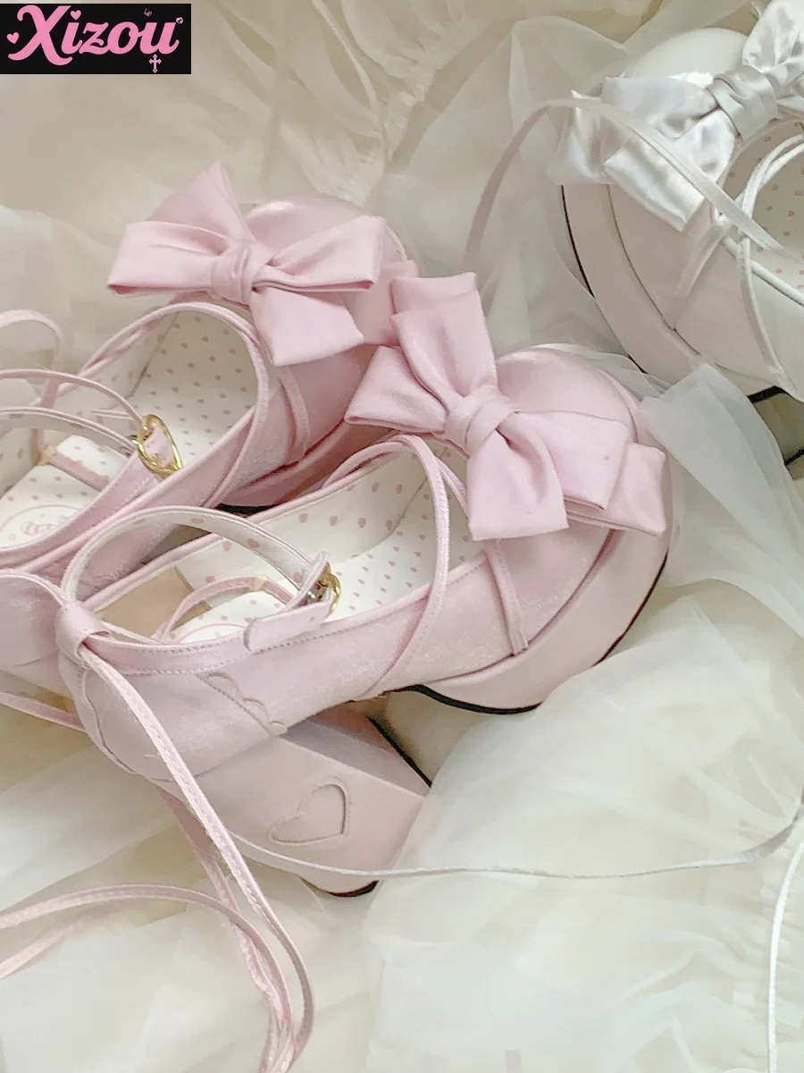 

Japanese Original Lolita Bow Elegant Waterproof Table High Heels Women Sweet Ballet Style Strap Round Head Mary Jane Single Shoe