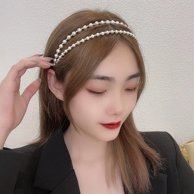 AWAYTR Fashion Double Layered Design Elegant Pearl Hairband for Women Girls Korea Sweet Crystal Headband Hair Accessories