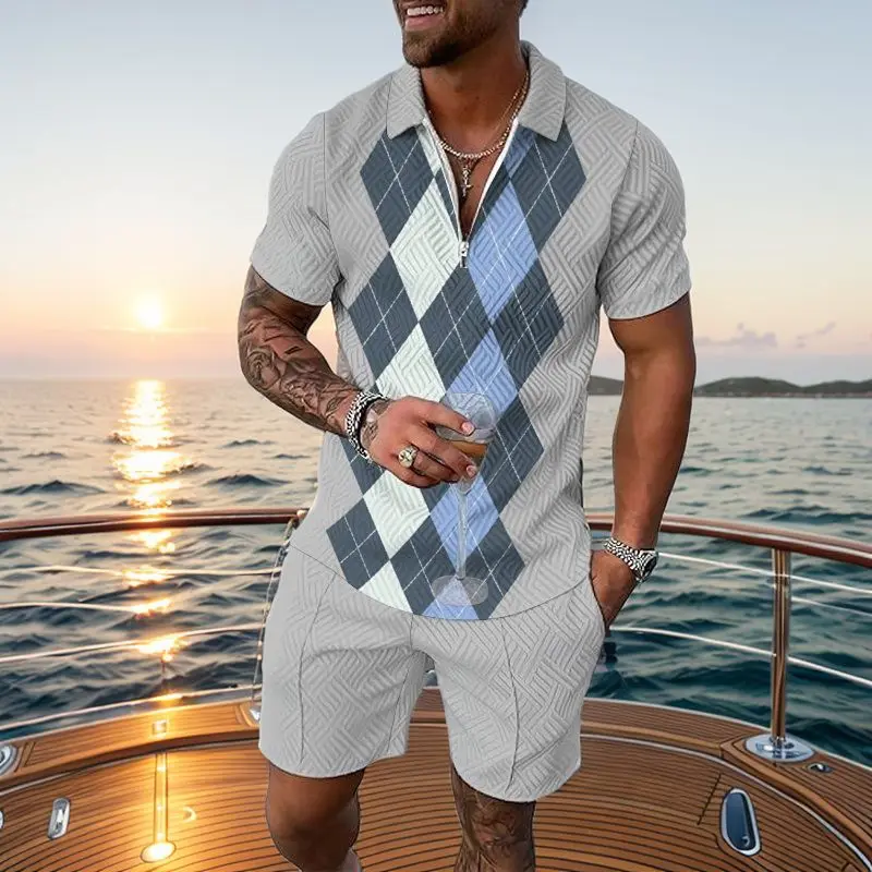 

Men's sports set (ropa de hombre) in jacquard fabric, with short - sleeved half - zip lapel top and shorts, ideal for cross - bo