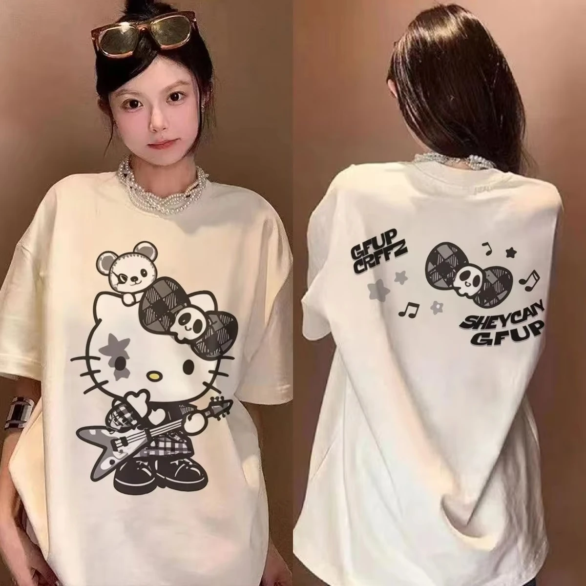 

Новинка лета 202, кавайные женские хлопковые футболки с принтом Hellokitty, повседневная универсальная футболка, женские дышащие топы с короткими рукавами Y2K