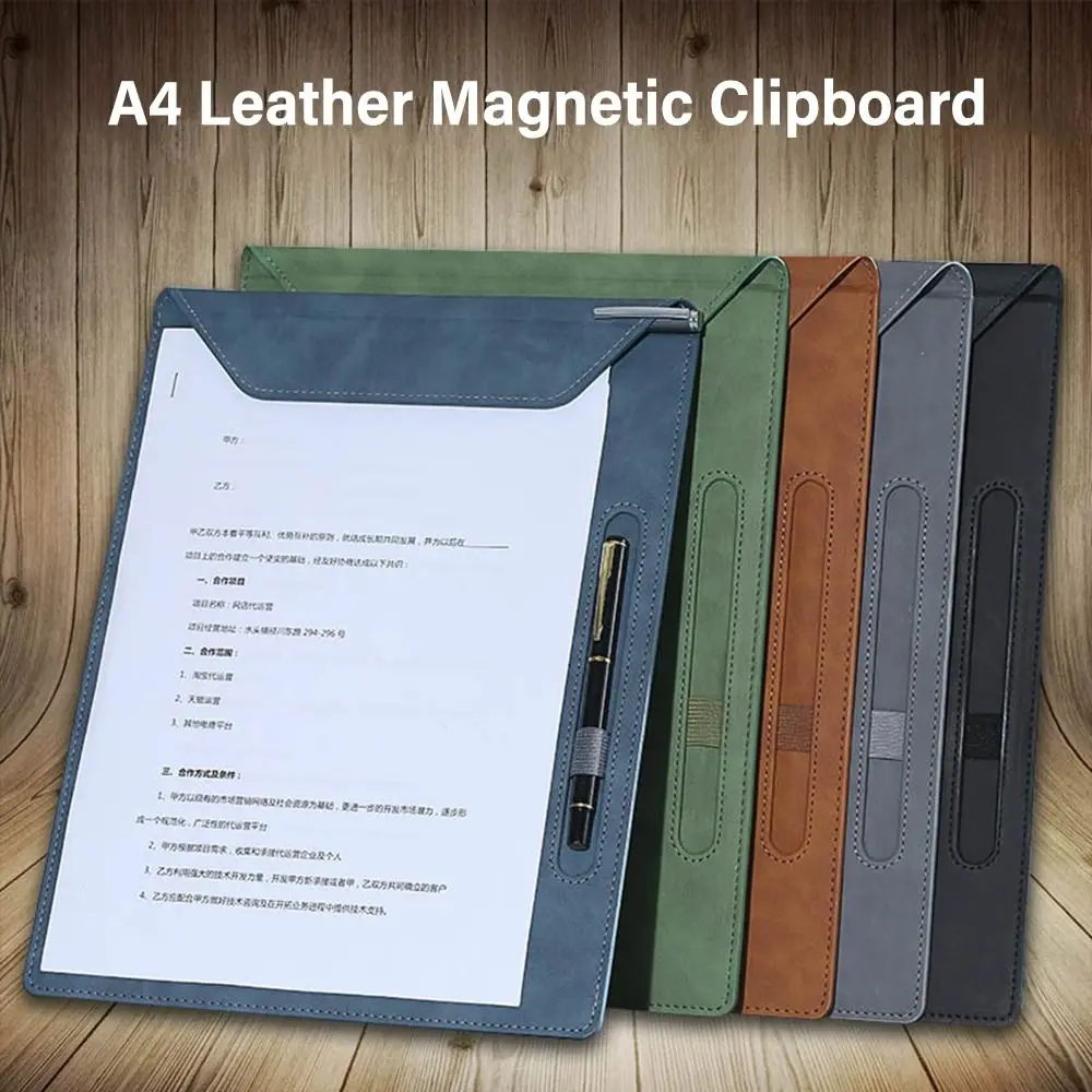 

Leather A4 File Folder Magnetic with Pen Insert Writing Clipboard One-Handed Writing Document Filing Organizer Business