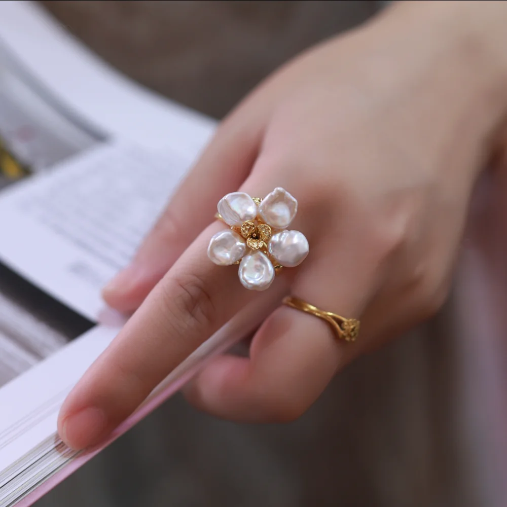 

Five Petal Flower Pearl Ring, Natural Freshwater Pearl Adjustable Open Ring, Lucky Vintage Elegant Jewelry Gift