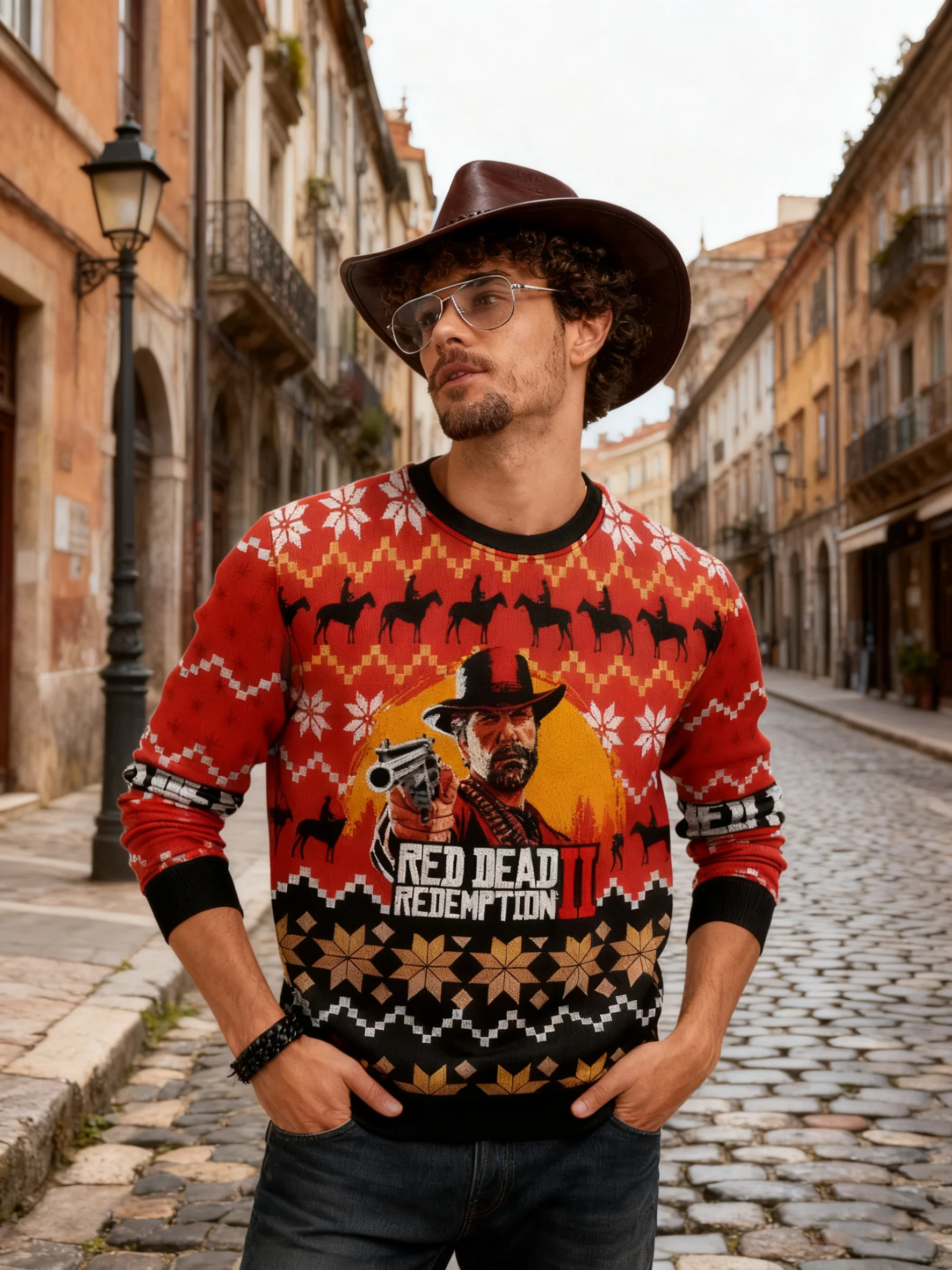 Christmas Ugly Sweater Winter Men's Sweater Arthur Morgan Style Round Neck Design Street Wilderness Style Loose Casual Top Thief