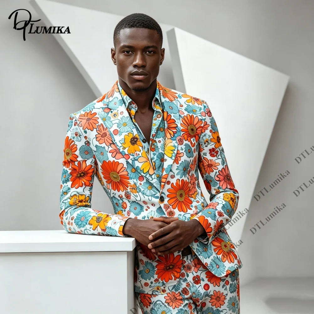 Vibrant Daisy Floral Print Men 2 Piece Suit Blazer Trousers Set for Street Fashion Themed Party Trendy Prom Party Suits XS-4XL