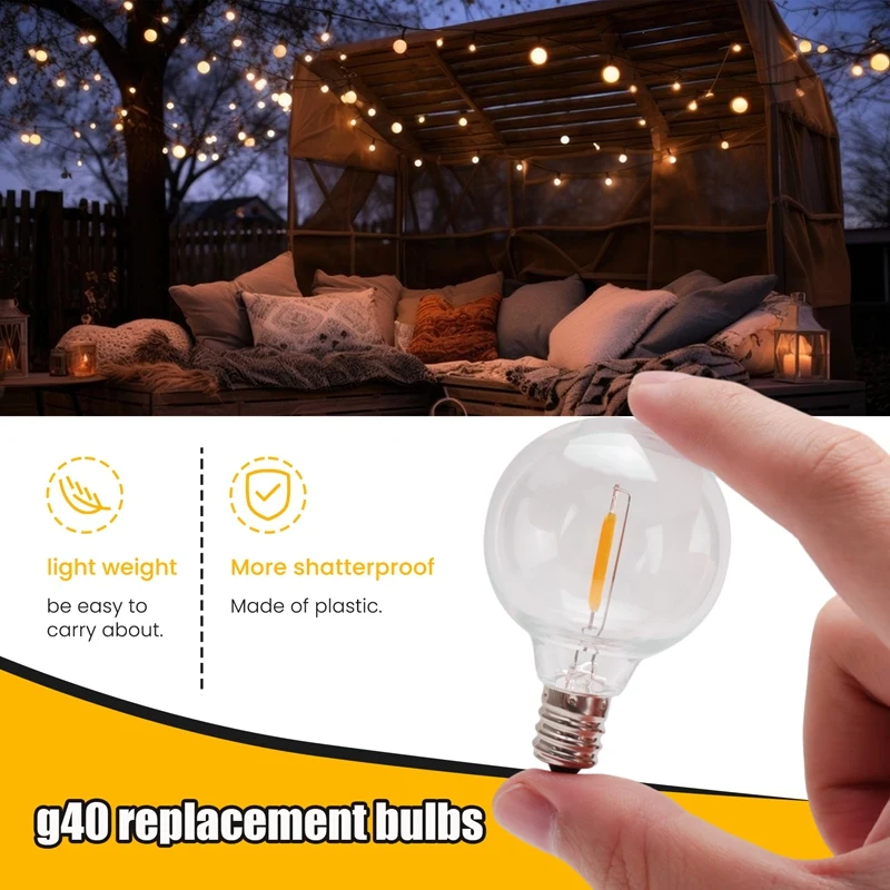 6Pcs G40 Led Replacement Light Bulbs, E12 Screw Base Shatterproof LED Globe Bulbs For Solar String Lights Warm White