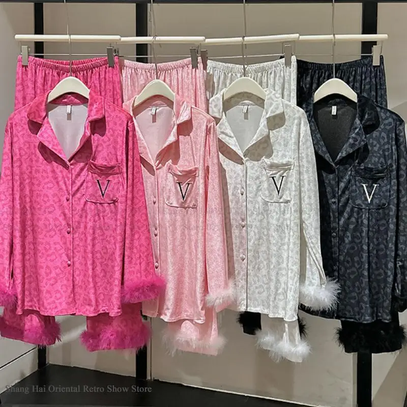 

Sexy Velvet 2Pcs PJS Set Female Sleepwear Home Clothes Jacquard Leopard Pijamas Suit Autumn Winter New Velour Pyjama Lounge Wear