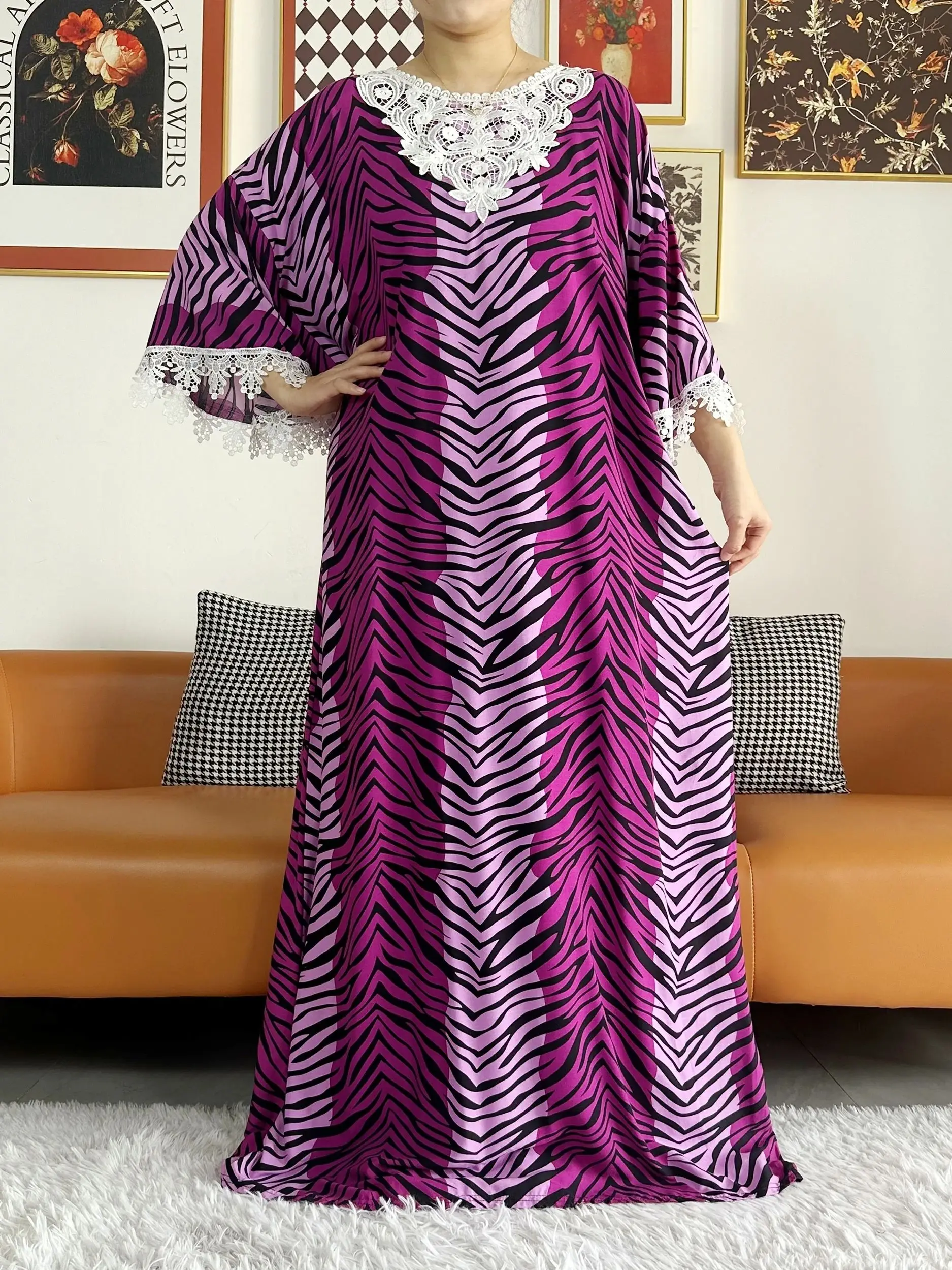 2024 Newest African Lady\'s Party Dress Lace Scarf Cotton Printed Loose Floral Boubou Maxi Islam Women Short Sleeve Abaya