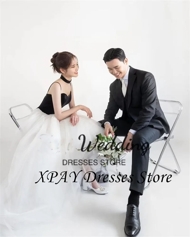 XPAY Simple Sweetheart Black White Korea Wedding Dresses Spaghetti Straps Bridal Gown Customized A-line Photo Shoot Dress