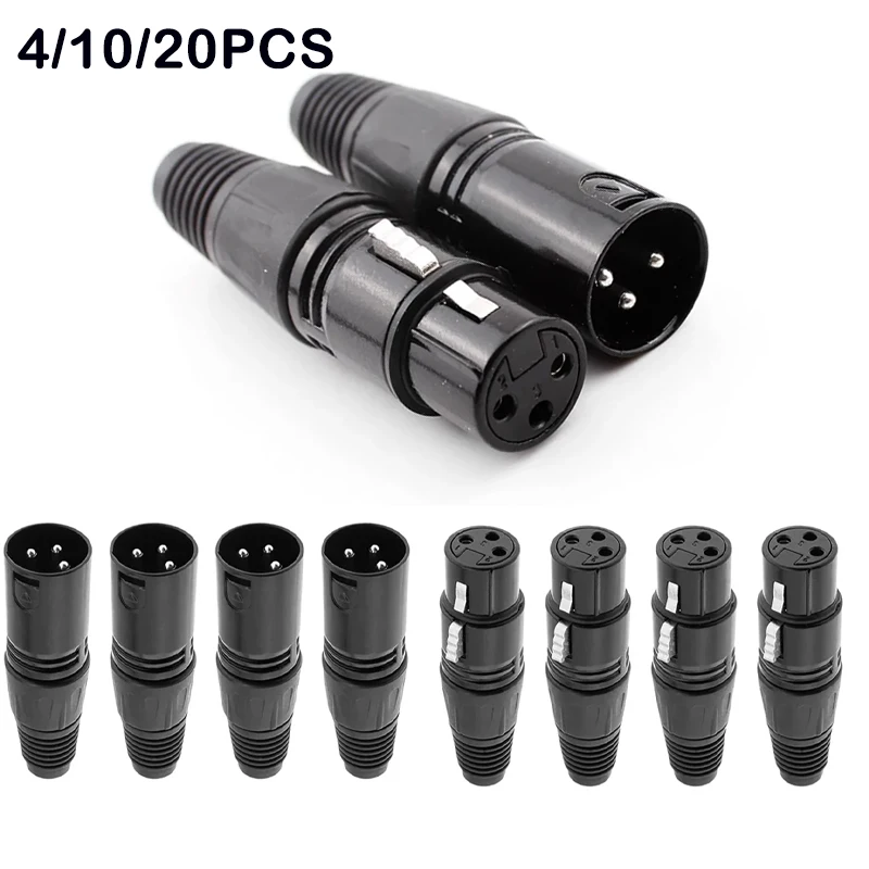 4/10/20 Pcs XLR 3Pin Male/Female Microphone Audio Cable Plug Connector Cannon MIC Cable Terminal Black Silver Microphone Plug