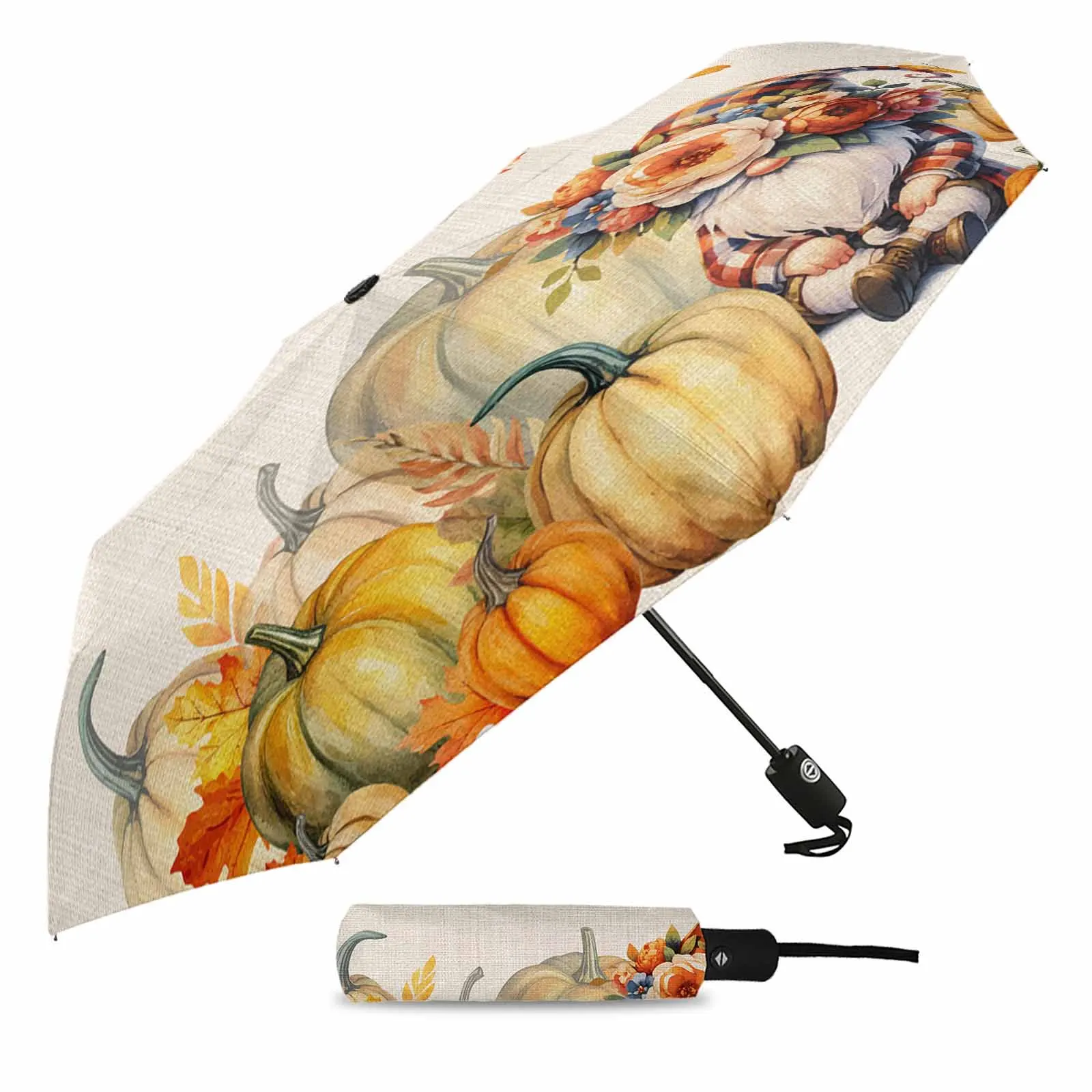 Thanksgiving Pumpkin Maple Leaf Automatic Umbrella Portable Folding Sunny and Rainy Umbrella Women Parasol Umbrella