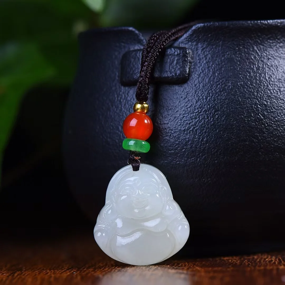 

Natural Hetian Jade Maitreya Buddha Pendant Grace Necklace for Men's and Women's Buddhist Lucky Amulet Wealth Jewelry Gift