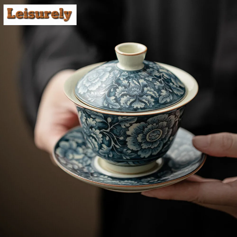 100ML Antique Ru Kiln Gaiwan Aesthetic Blooming Flowers Three Talents Tea Tureen Tea Maker Cover Bowl Chinese Teaset Ornaments