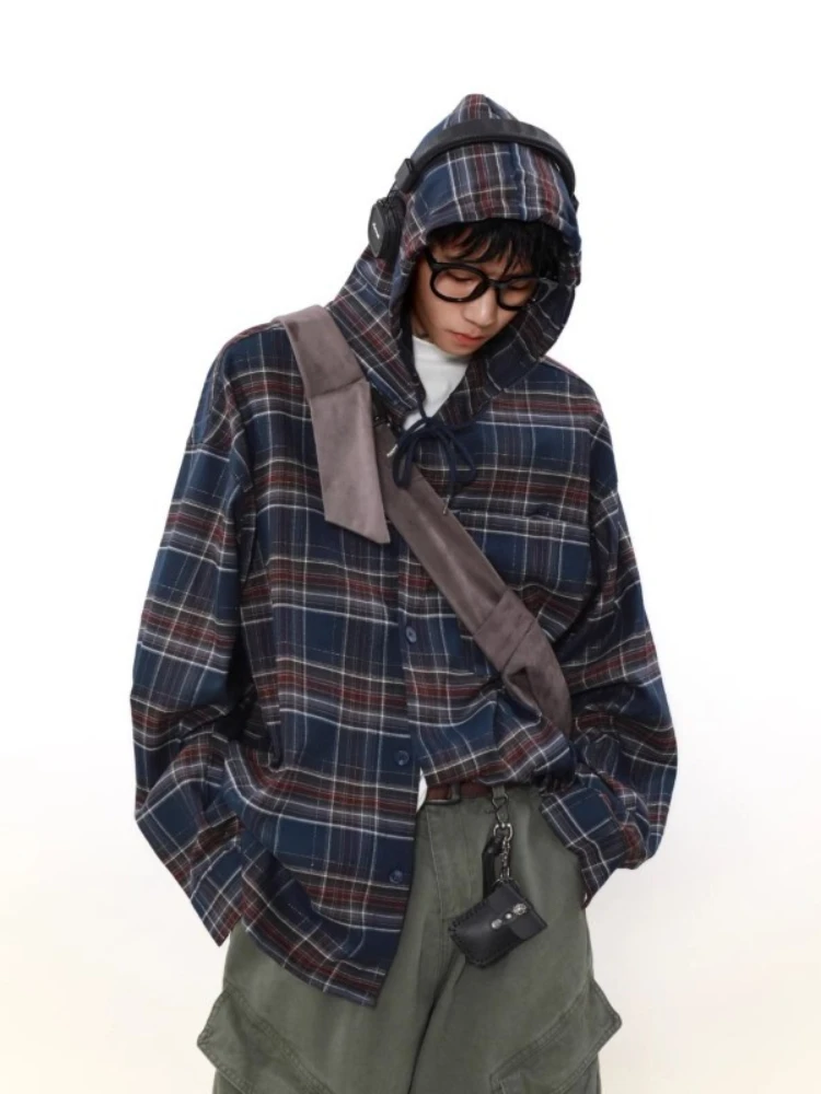 HOUZHOU Vintage American Style Plaid Shirts Hooded Women Man Oversized Checked Long Sleeve Top Harajuku Retro Jackets Streetwear