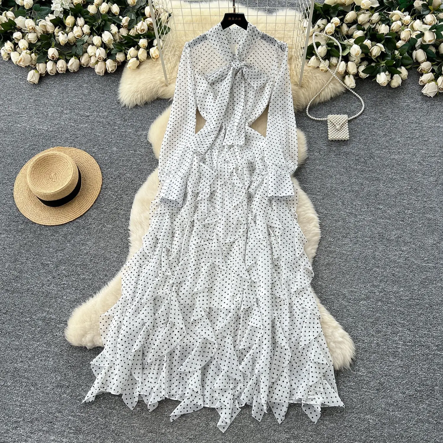 Floor Length Dress Women Print Dot Irregular Long Sleeve Dresses Bow Lace Up Ruffles Splice Gown Lady Vestidos Autumn 2025