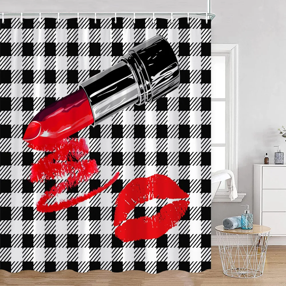 Pink Perfume Shower Curtains Cosmetic Lipsticks Red Lips Flower Panther Pattern Bathroom Decorations Polyester Bath Curtain