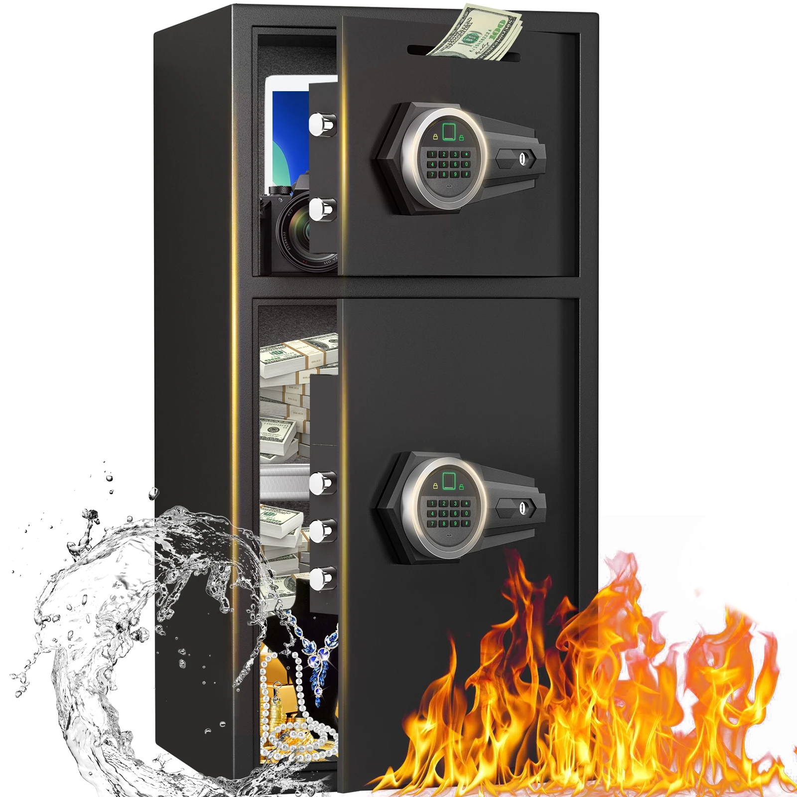6.0 Cuft Large Fingerprint Home Safes, Safe Box Fireproof Waterproof with LED Light and Dual Alarm System
