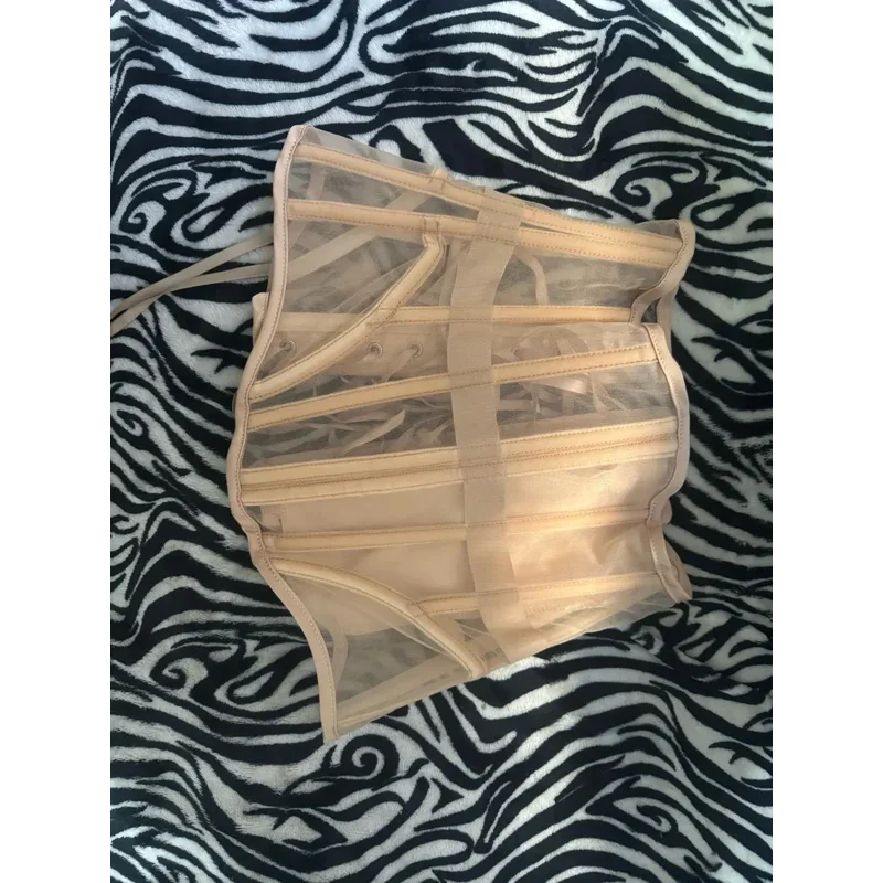Women Abdomen Tight Corset Crops Under Bust Bustiers Breathable Mesh Waist Girdle With Bones Slimming Lace Up Bodices view 4