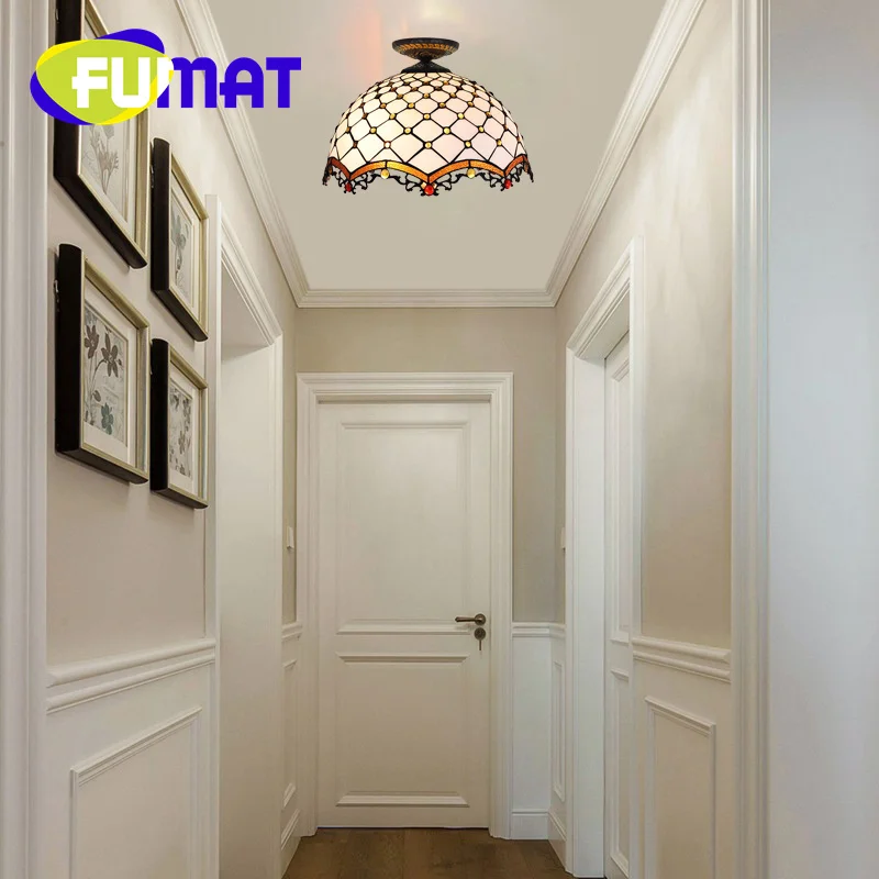 FUMAT Tiffany style stained glass White beaded 16inch chandelier ceiling light for dining room bedroom hallway LED decor