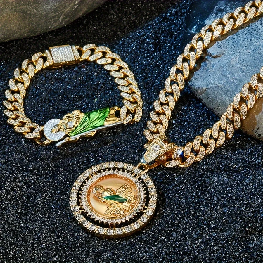 مجموعة أزياء الهيب هوب للرجال: قلادة وسوار وخاتم سانت جود - سبائك الزنك مع لهجات حجر الراين