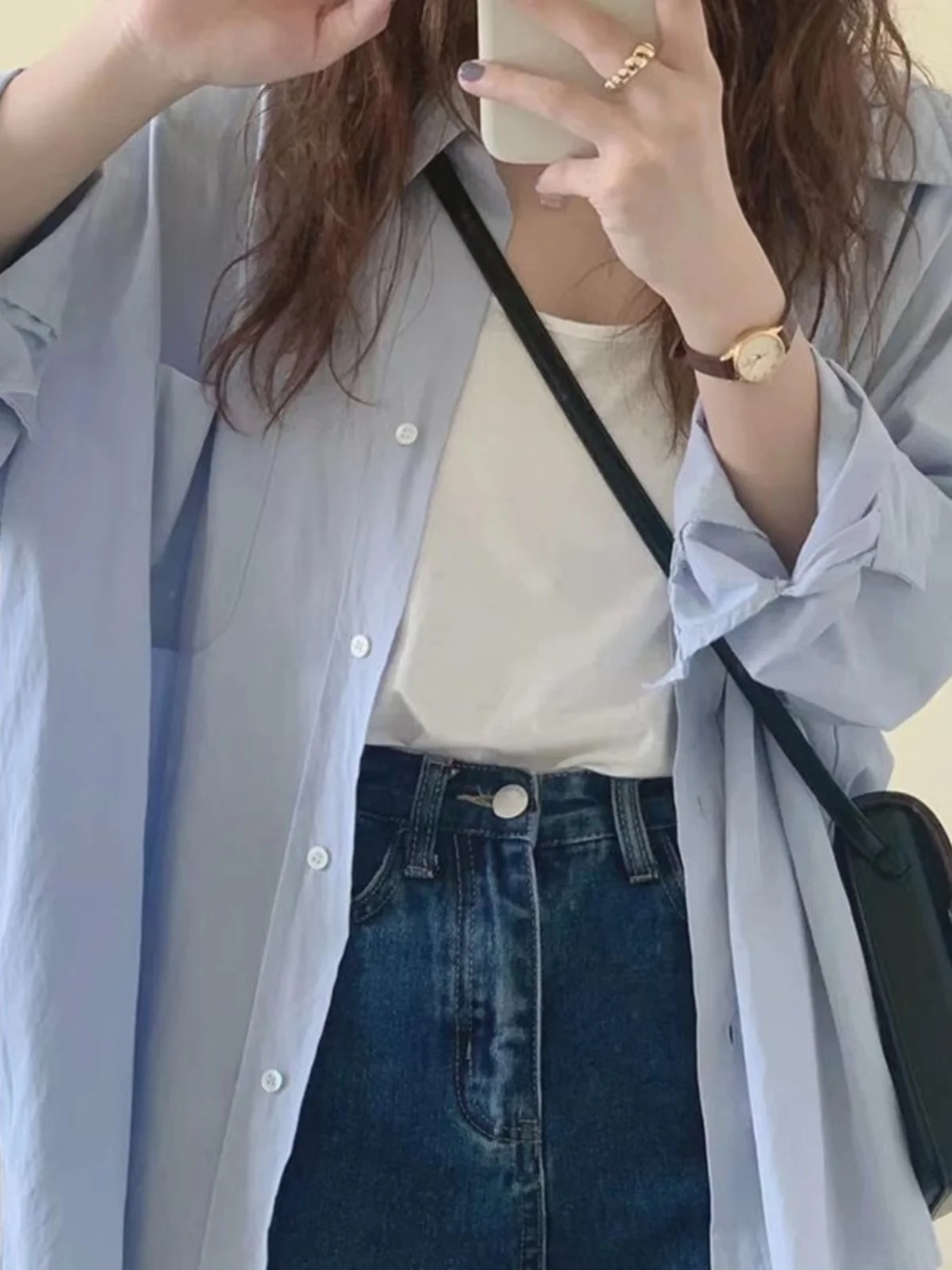 

Синяя женская рубашка-куртка с длинным рукавом, весенне-осенний новый стиль, солнцезащитный кардиган, внутренняя одежда, милый стиль, однотонный цвет