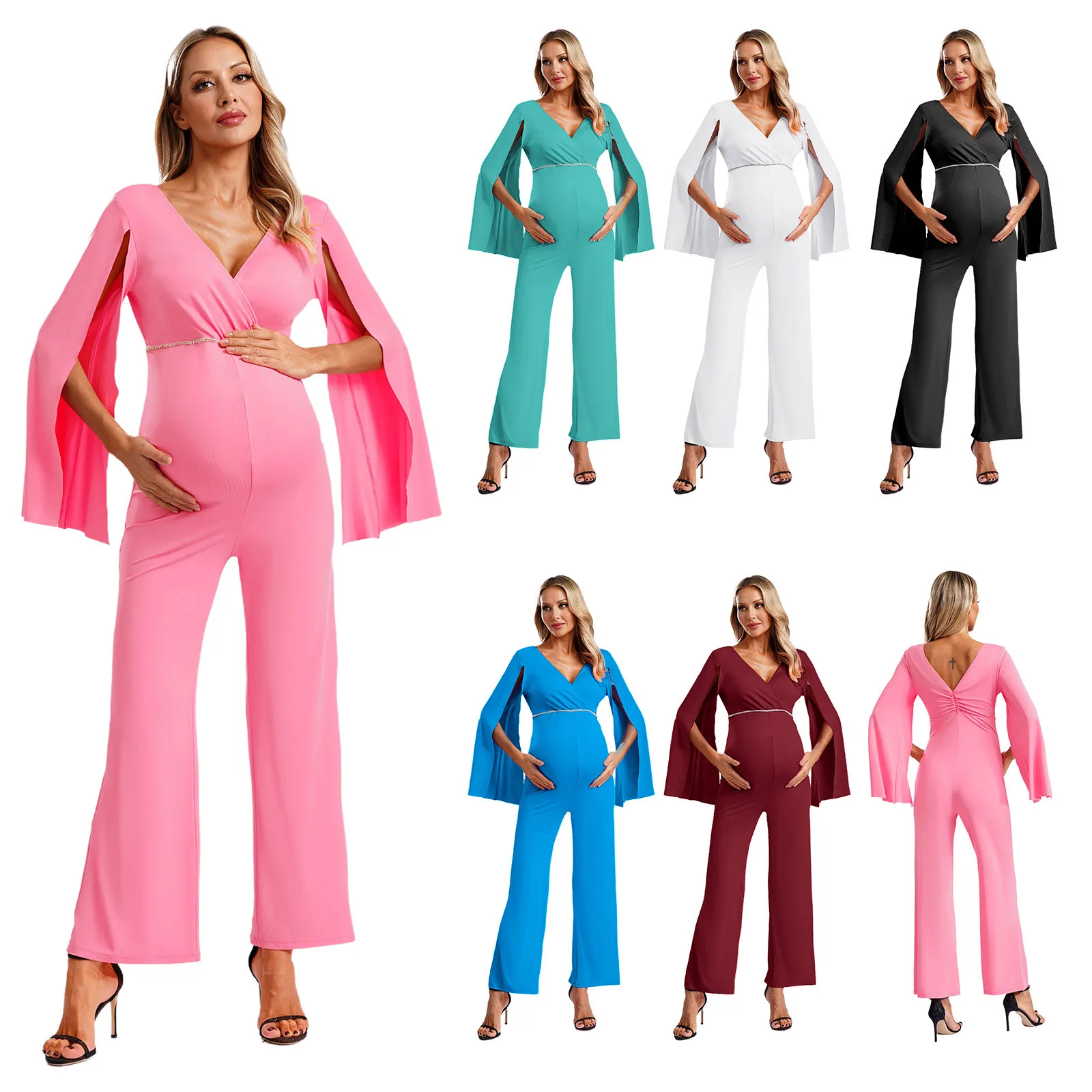 Women's Maternity V Neck Wide Leg Jumpsuits Dressy Casual One Piece High Waist Long Split Sleeves Faux Diamond Formal Rompers