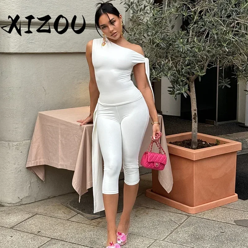 

XIZOU White Two Piece Pant Sets Sexy Outfits Women Sleeveless Lace Up Top + Skinny Knee Length Pants Suit High Street Clothes