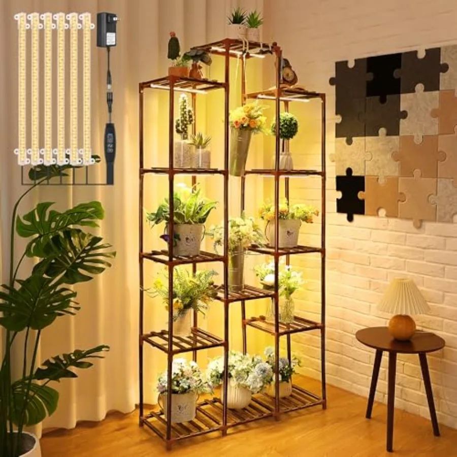 

Plant Stand with Grow Lights Wood Plant Shelf with Full Spectrum Grow Lamp for Indoor Corner Vintage Multi Layer Lighted Stand