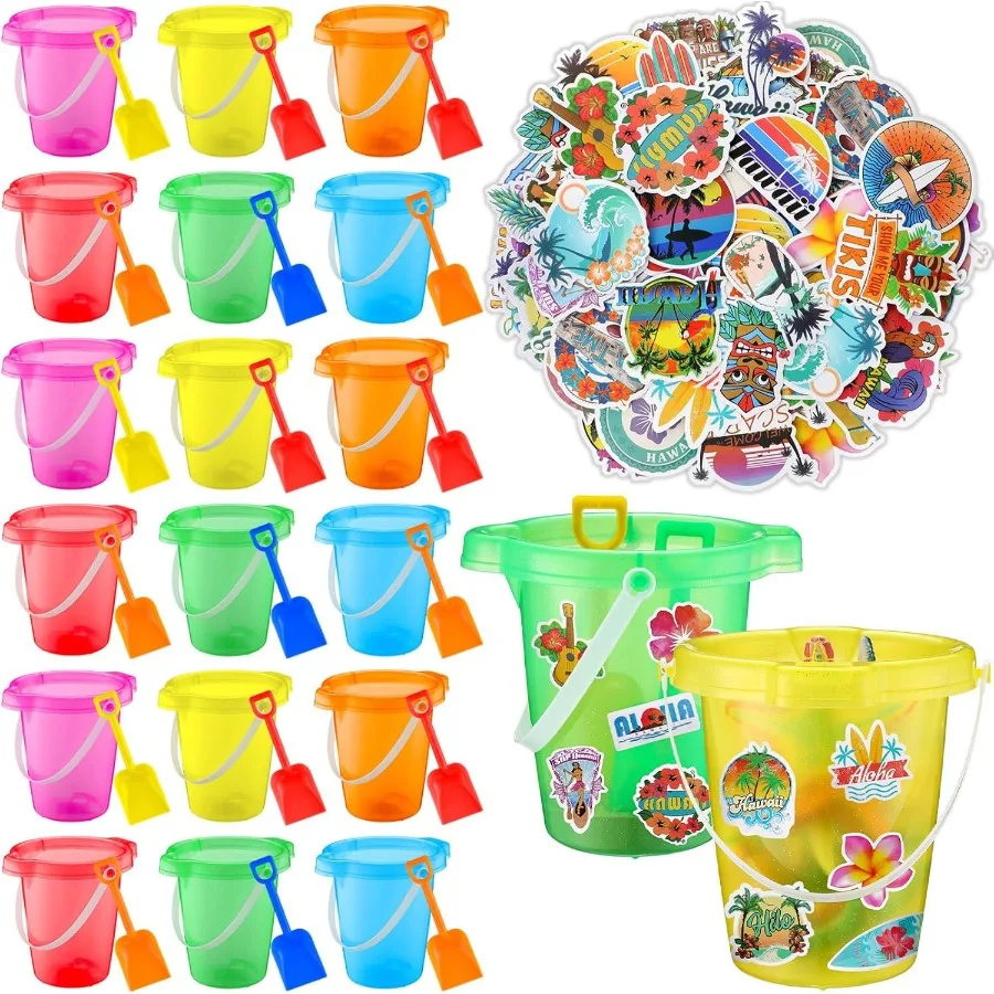 18 conjuntos de baldes de areia de 7,5 polegadas com pás para piscina de adesivos havaianos e brinquedos de natação para crianças pequenas conjunto de baldes de areia para o verão
