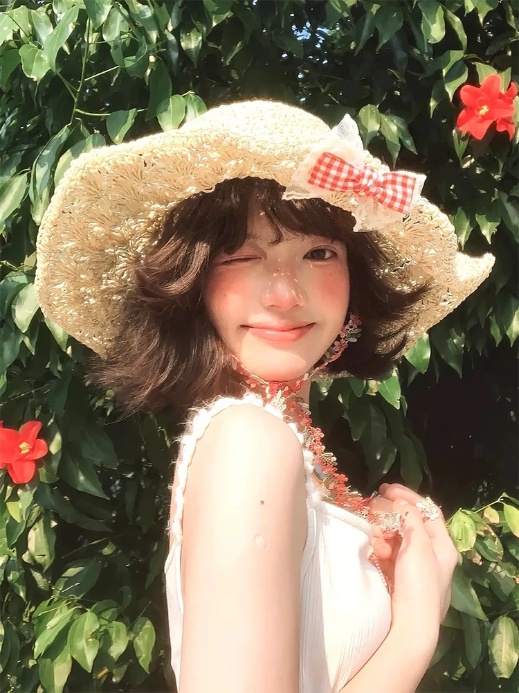 Sweet  Knot Straw Hat Large Brim Hollow out Sunshade Hat for Beach Vacation Handwoven Grass Sun Protection Cap