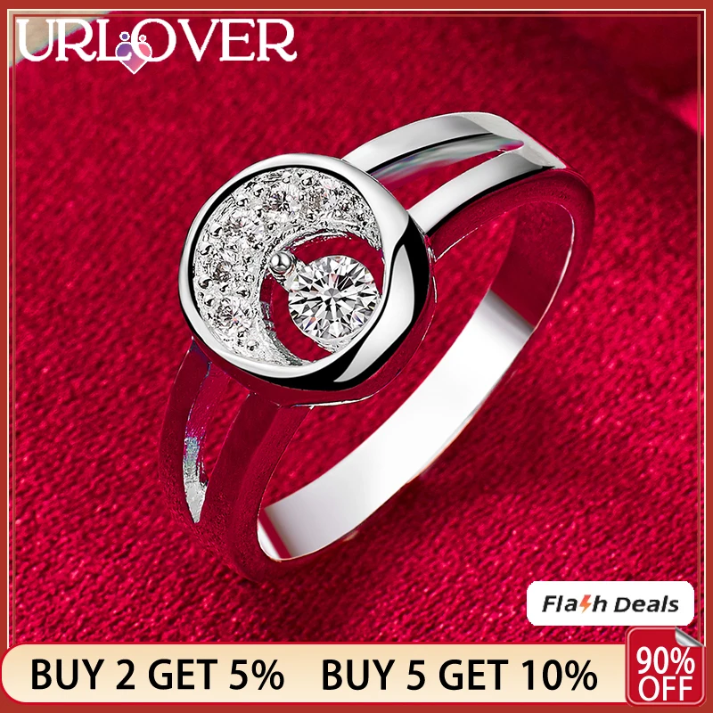 

URLOVER 925 Sterling Silver Shiny AAA Zircon Crescent Moon Ring For Women Rings Party Banquet Birthday Wedding Fashion Jewelry