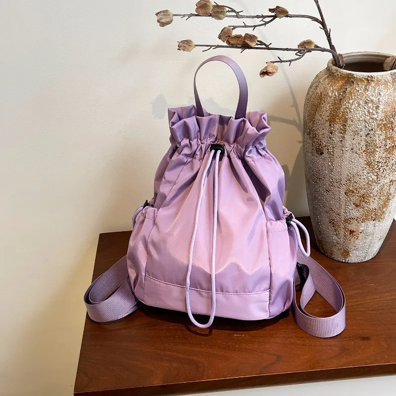 Women Drawstring Backpack Casual Nylon Multi-use Bag Lightweight Solid Color Mini Daypack with Side Pockets for Travel School