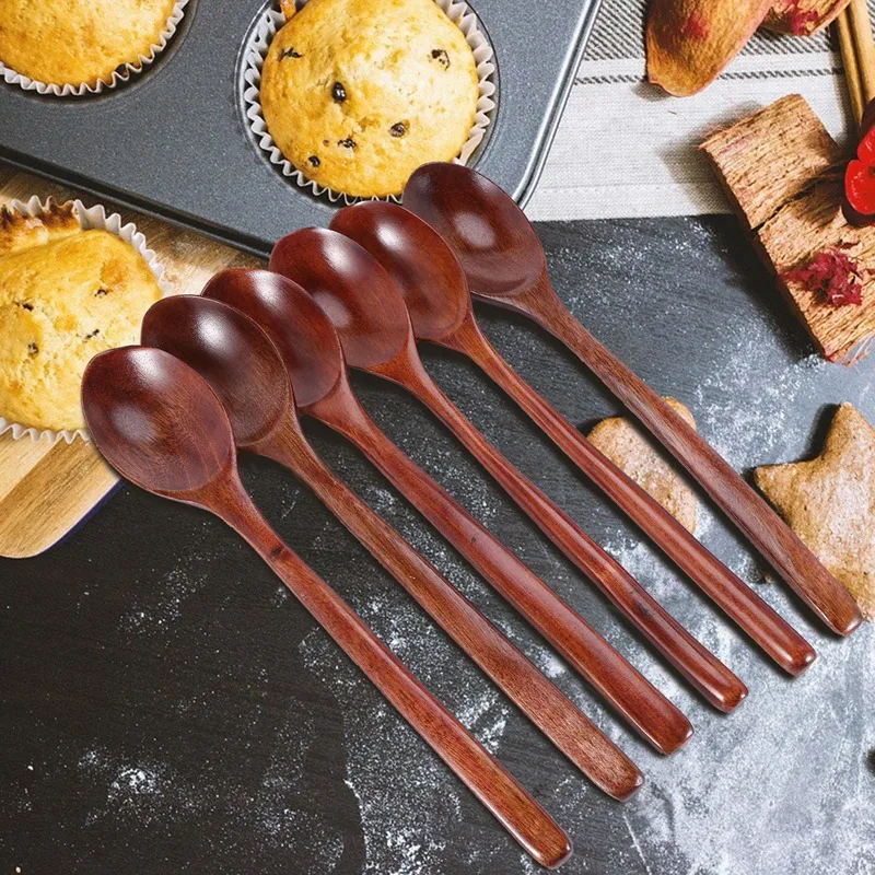 Wooden Spoons, 6 Pieces Wood Soup Spoons For Eating Mixing Stirring, Long Handle Spoon Kitchen Utensil