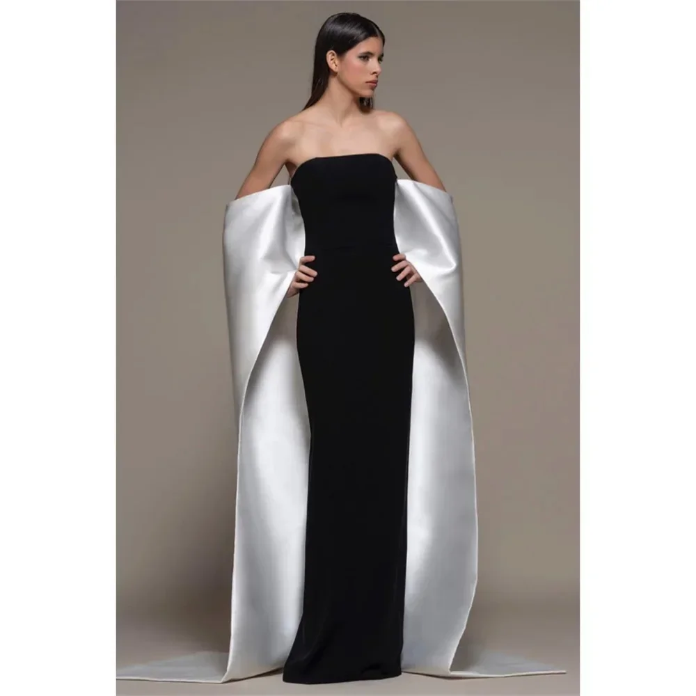 Customized Elegant Black Strapless Evening Dress With Detachable Shawl And Column Design Perfect For Formal Events An