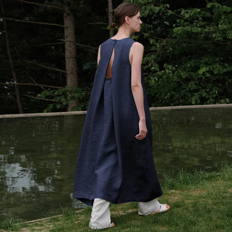 Elegante abito in lino stile francese per donna Casual senza maniche con bottoni posteriori Abito lungo scavato Harajuku Boho Sundress