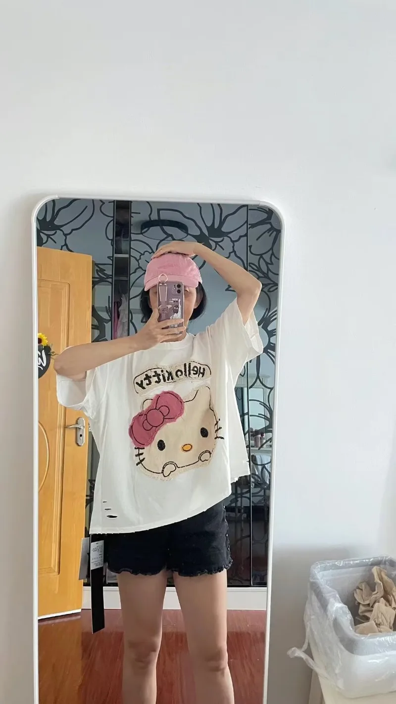 

Harajuku Летняя новая футболка с короткими рукавами и блестящим принтом Hello Kitty, женская свободная милая кавайная одежда, милая футболка Y2k для девочек