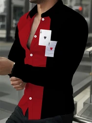 2025 New Men's Poker Print Design Button Long Sleeve Shirt Casual Fashion Streetwear Tops Daily Outdoor Comfortable Lapel Shirt