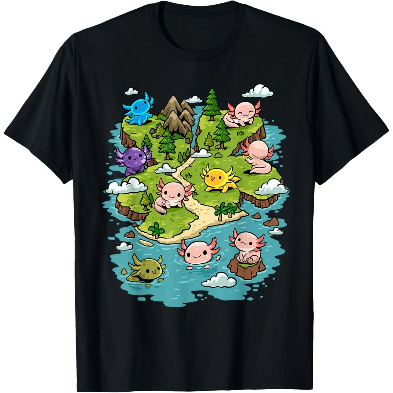 Axolotl Island Map Graphic Tee Funny Kawaii Amphibian Lover Men T-Shirt