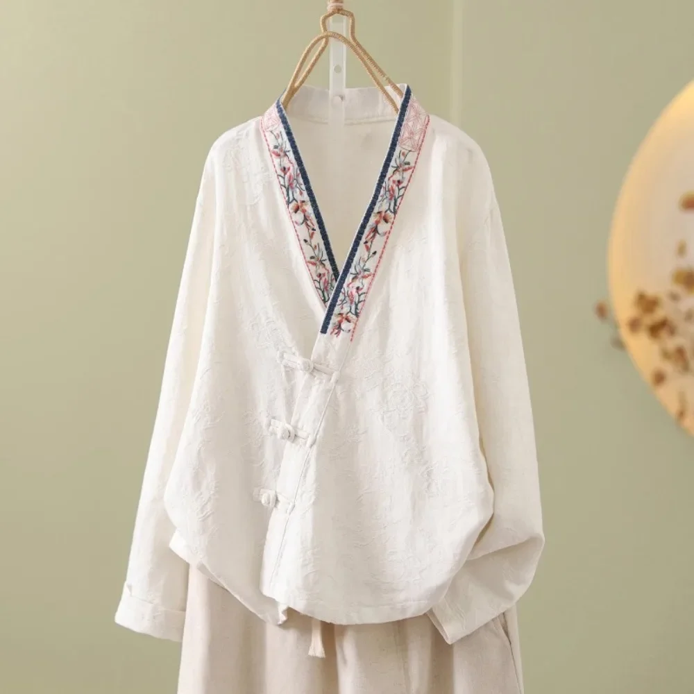 

Chinese Style Embroidery Cotton Linen Vintage Clothes Tees Ethnic Style T-Shirts Y2k Top Harajuku Shirts for Women Clothing