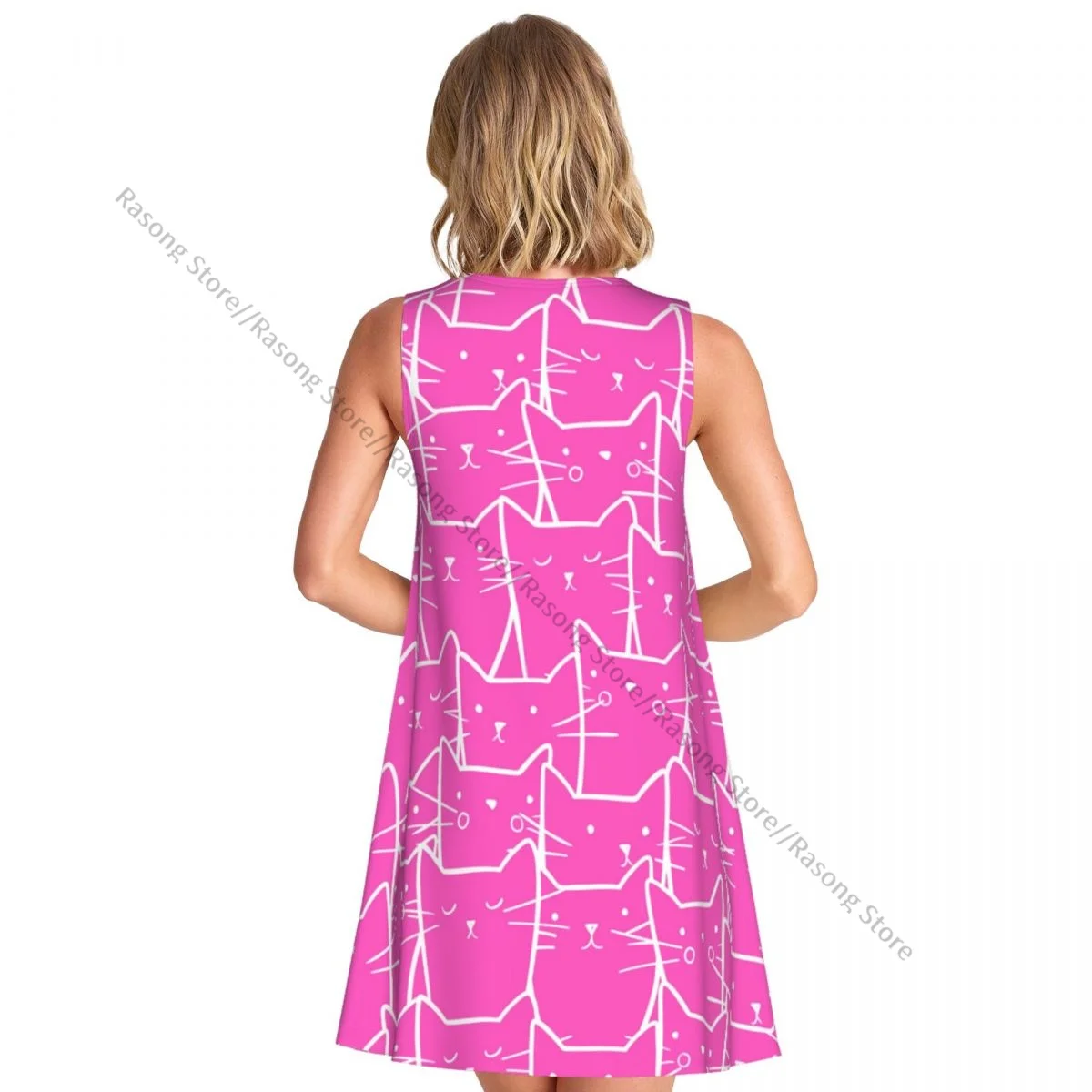 Women's Dress Pink Cats Print Summer Casual T Shirt Beach Cover up Tank Dress