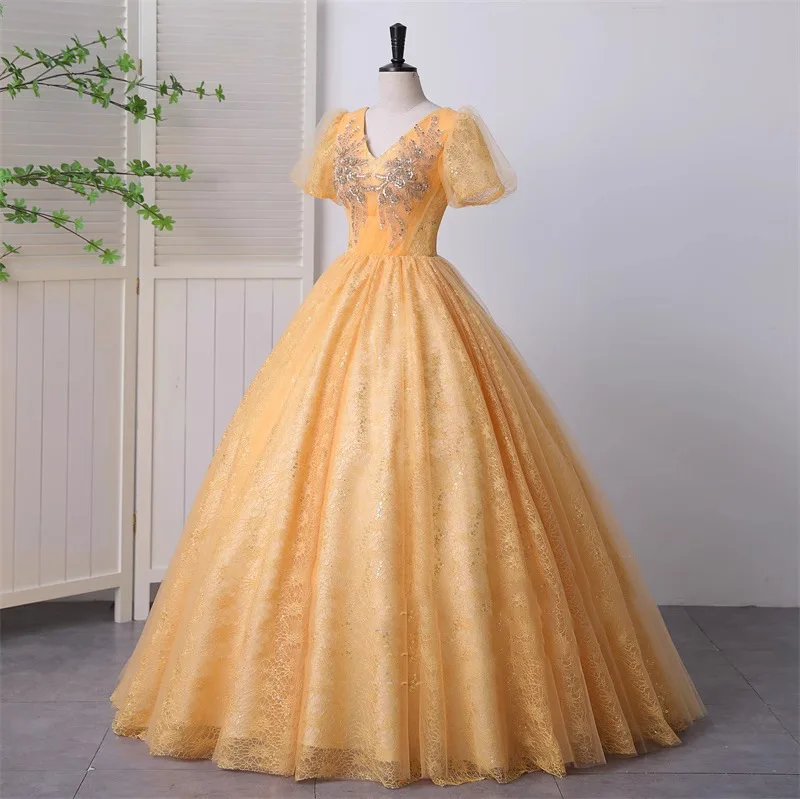 Feminino amarelo vestido de baile, gola V, apliques de lantejoulas, vestido de aniversário de princesa, manga curta, festa noturna, Abiti Sposa, 2024