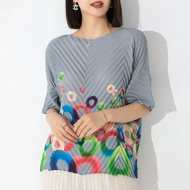 Miyake Pleated T-shirt Women\'s 2023 Summer New High-end Temperament Printing Loose Loose Hundred with Thin Fashion Tops