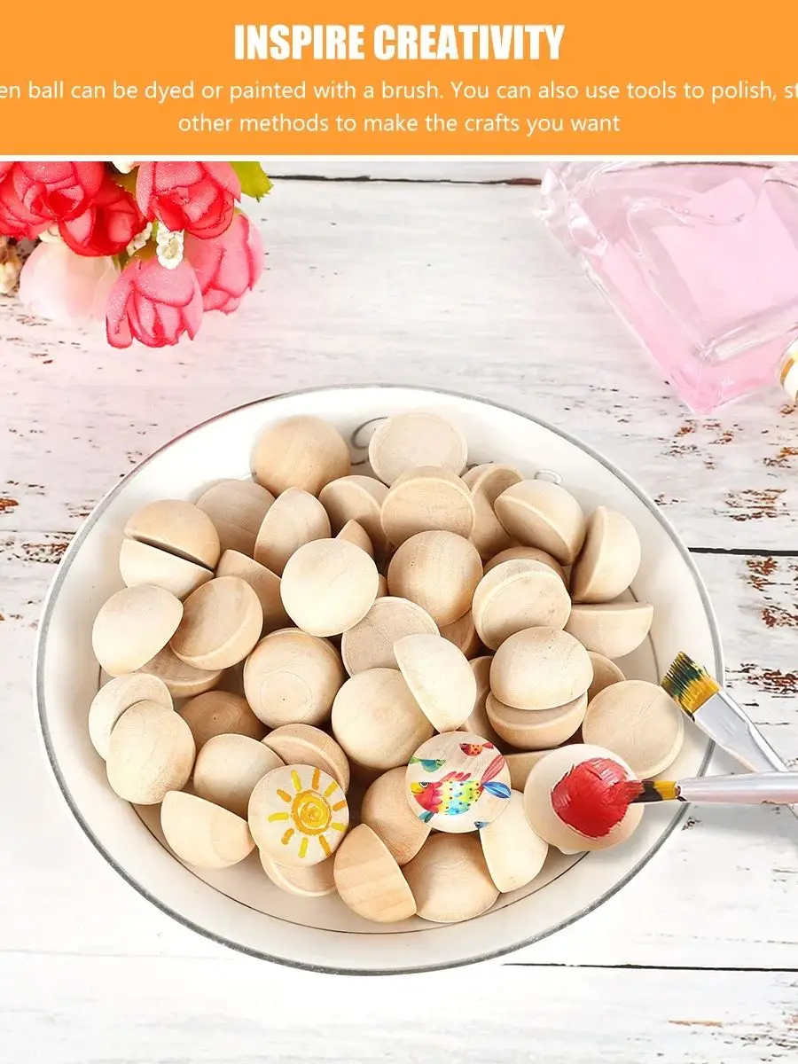 100 Stück Halbholzperlen Unbehandelte Halbrunde Holzkugeln Gespaltene Holzkugeln Mini Halbholz-Bastelkugeln Bastelbedarf – Detail 1