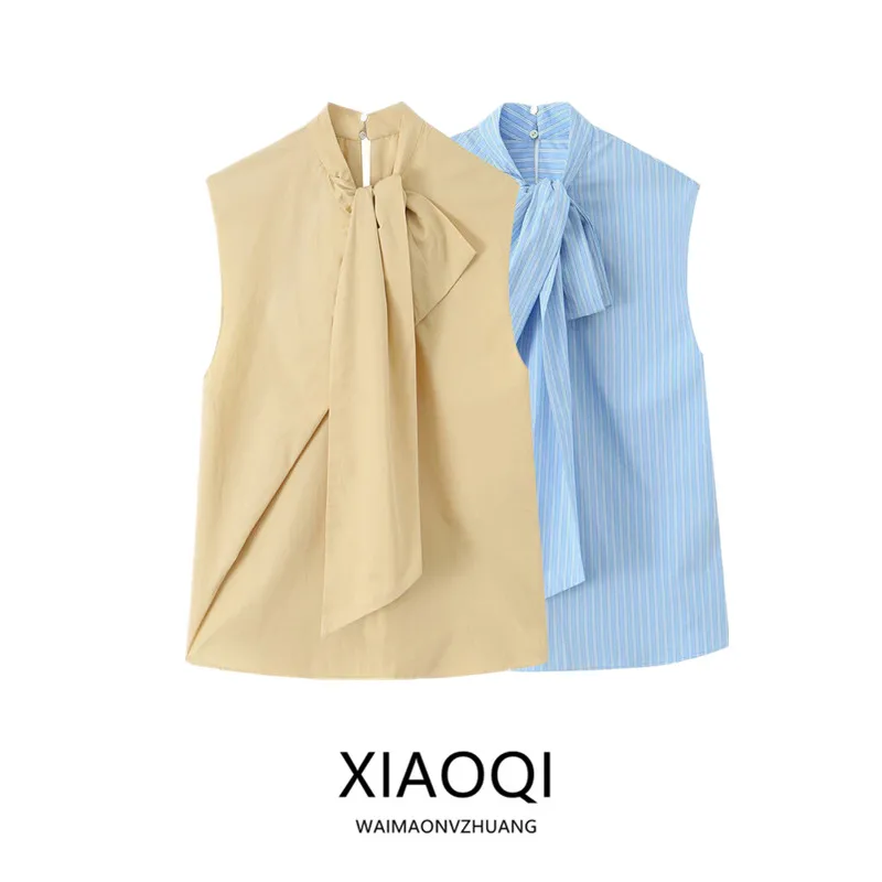 

Spring Summer 2026 New Women's Shirt Sleeveless round Neck Stripe Knot Classic Commute Style Straight Cut Chinese O...