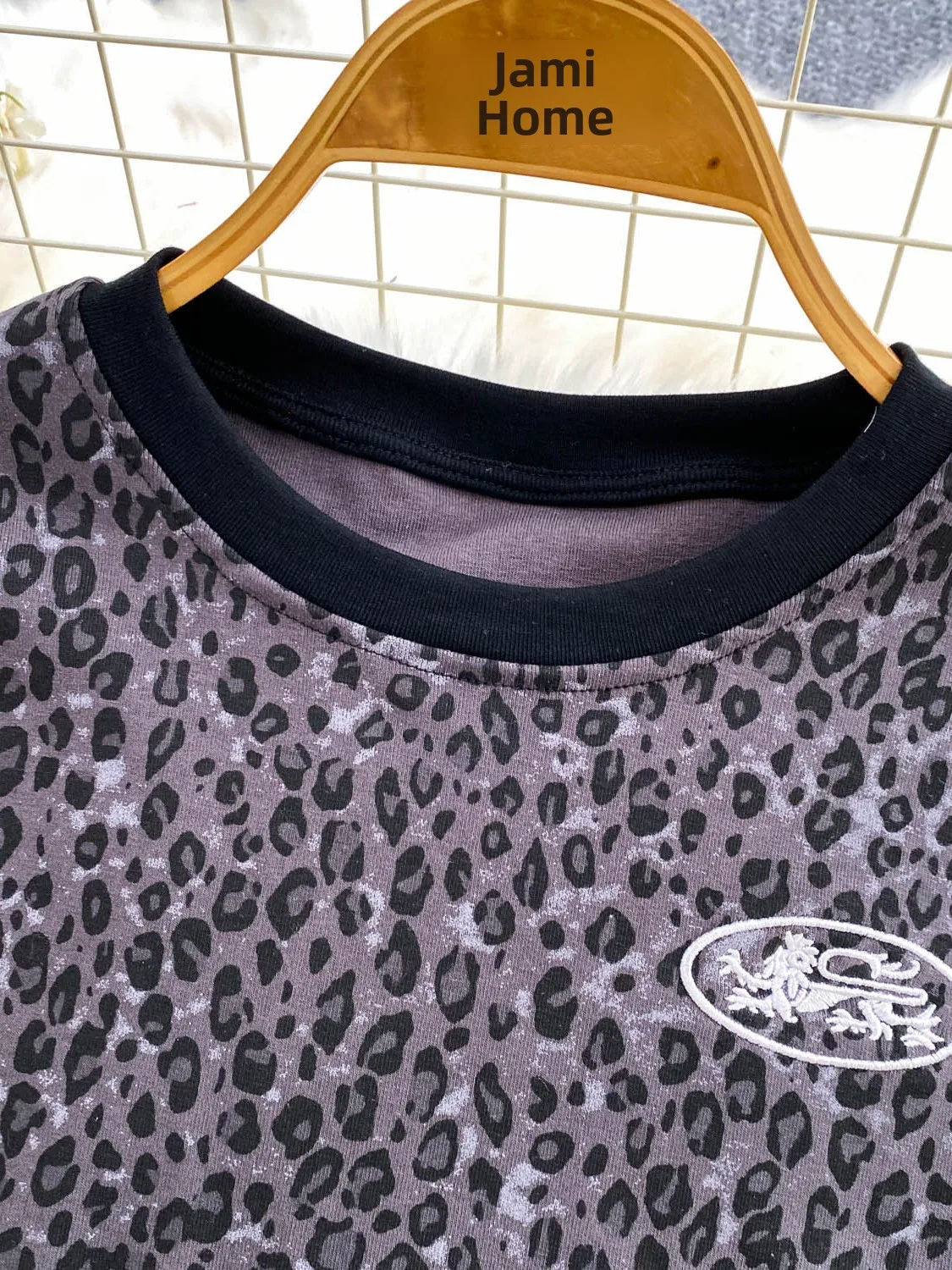 American Style Spicy Girl Fashion Versatile Dragon And Phoenix Embroidery round Neck T-Shirt Women's Loose Slimming Leopard P...